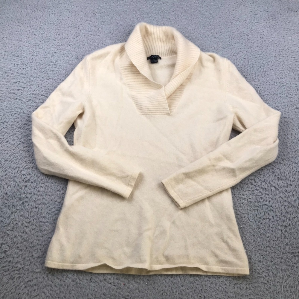 Prive Sweater Womens L Ivory 100% Cashmerer Knit Ribbed Shawl Collar Pullover